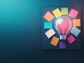 Poster - Vibrant Light Bulb Surrounded by Colorful Paper Pieces Creating a Whimsical and Creative Atmosphere in a Brightly Lit Artistic Environment