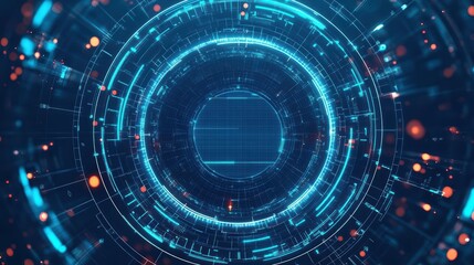 Poster - Futuristic Glowing Blue Circle Surrounded by Radiant Lights Creating an Ethereal and Modern Visual Experience with a Sense of Mystery and Innovation