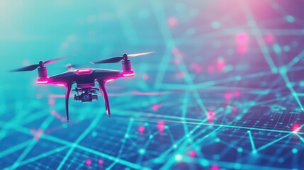 Poster - Aerial View of Drone Gliding Over Vibrant Blue and Pink Background Capturing the Essence of Technology and Nature in Stunning Harmony and Beauty