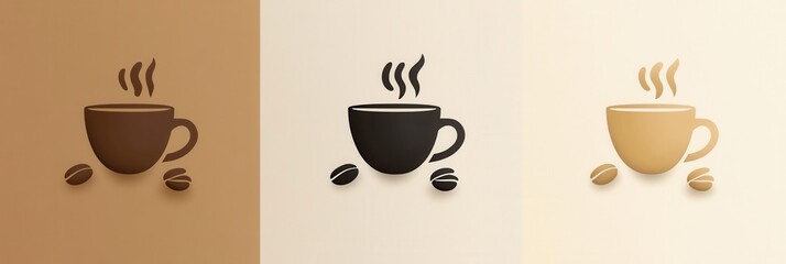 Aufkleber - Elegant minimalist coffee cup logo featuring steam and scattered coffee beans in warm tones