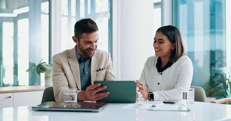 Poster - administration, meeting and tablet with business people in boardroom together for planning or resear