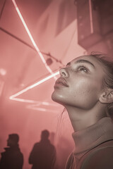 Poster - Captivating Urban Portrait: A Glimpse into Elegance Amidst Neon Lights and Modern Atmosphere