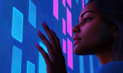 Poster - Exploring Digital Connections: A Woman Engaging with Futuristic Technology in a Vibrant Urban Landscape