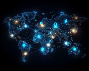 Poster - Connected world map with floating user icons and glowing digital connections, symbolizing realtime communication and interaction across countries in the digital age