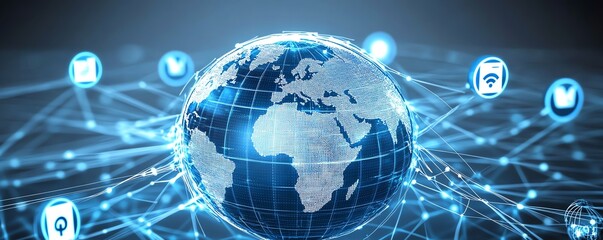 Poster - Futuristic 3D globe surrounded by user icons, glowing digital lines connecting continents and countries, symbolizing realtime global communication and networking