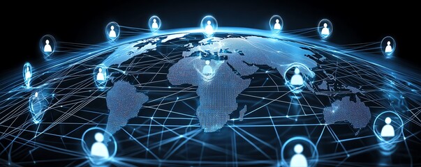 Poster - Futuristic 3D globe surrounded by user icons, glowing digital lines connecting continents and countries, symbolizing realtime global communication and networking