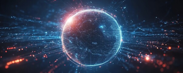 Poster - Futuristic 3D globe surrounded by user icons, glowing digital lines connecting continents and countries, symbolizing realtime global communication and networking