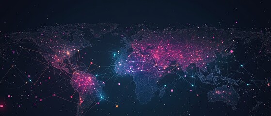 Poster - Global digital network with vibrant user icons scattered across continents, connected by glowing lines, visualizing seamless worldwide communication and global interaction