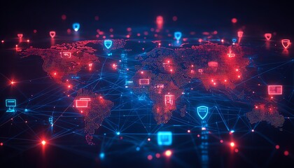 Poster - Illustration of a digital world map with glowing user profile icons connected by lines