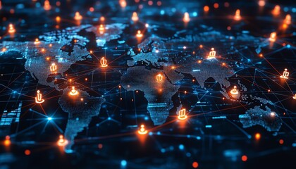 Poster - Illustration of a digital world map with glowing user profile icons connected by lines