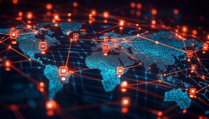 Poster - Illustration of a digital world map with glowing user profile icons connected by lines