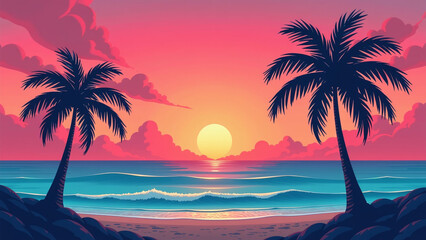 Wall Mural - vibrant pink orange hues fade blue serene sunset scene isolated palm trees turquoise ocean