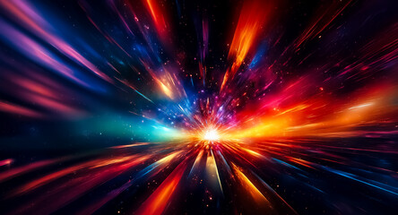 Aufkleber - A dynamic abstract image featuring vibrant light rays bursting from a central point. Streaks of red, blue, orange, and purple convey speed and energy in a dark space.