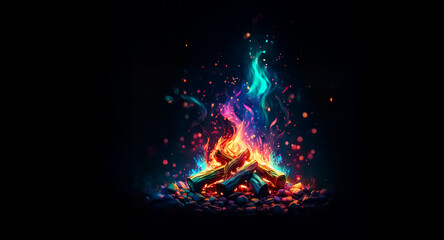 Poster - Vibrant, abstract bonfire glows against a dark backdrop. Colorful flames dance and flicker, casting a warm, inviting light in the surrounding darkness.