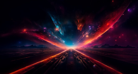 Fototapete - Vibrant cosmic vista displays a nebula of bright colors, with a path leading to a glowing horizon under a starry sky and mountain silhouettes.