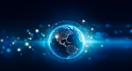 Leinwandbilder - Digital globe of Earth with glowing blue outlines, focused on the Americas, surrounded by bokeh lights against a dark backdrop. Network connections visible.