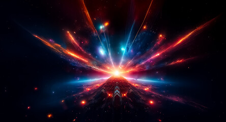 Aufkleber - A vibrant explosion of cosmic energy bursts forth, illuminating the darkness with streaks of red and blue.  A central point radiates light, creating a dynamic and abstract spectacle.