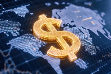 Poster - A glowing dollar sign intertwined with a world map made of digital stock charts, symbolizing global financial growth, ultrarealistic detail