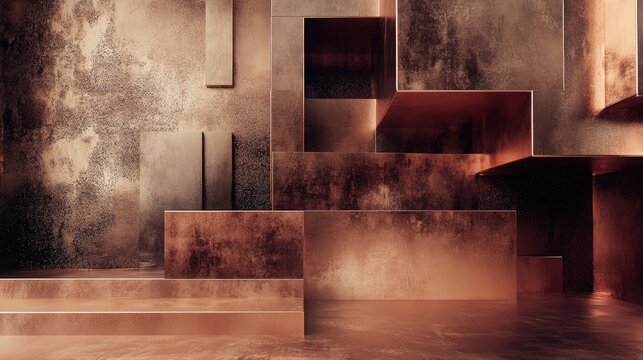 Abstract Copper and Bronze Geometric Room Interior Design with Textured Walls and Metallic Surfaces