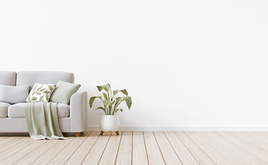 Aufkleber - Cozy and simple interior background with empty white wall. Neutral and natural living room design. Gray sofa with green pillows and plant standing on wooden floor. 3d rendering.