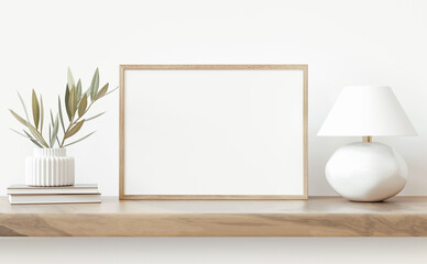 Aufkleber - Small horizontal art frame template in neutral and simple interior. Lamp and plant in vase standing on white wall background. Organic modern shelf decor. 3d rendering.