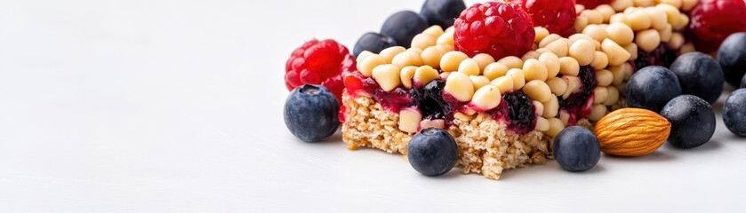 Poster - Fruit bar with berries and nuts, food photography, white background