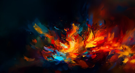 Poster - Vibrant abstract artwork featuring dynamic brushstrokes of red, orange, yellow, and blue hues against a dark backdrop, creating a sense of energetic motion and colorful explosion.