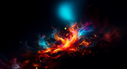 Poster - Vibrant, abstract swirls of light dance against a stark black background.  Hues of orange, red, yellow, and blue intertwine, creating a dynamic and fiery effect with a soft blue glow.