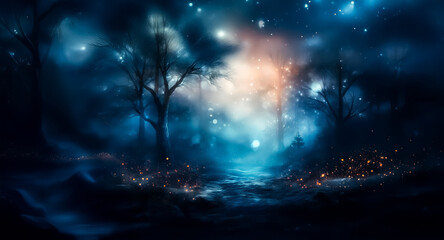Poster - Ethereal night forest with glowing lights and celestial stars.  Dark trees stand silhouetted in a misty landscape, creating a magical and dreamy ambiance.