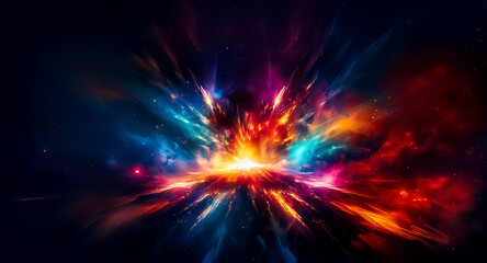 Aufkleber - Abstract burst of vibrant colors exploding outwards in a cosmic expanse.  Dynamic energy radiates from a central point, creating a nebula-like effect against a dark backdrop.