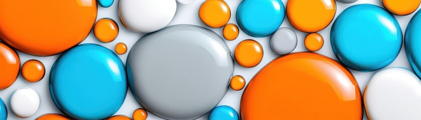Poster - White background with orange, blue, and gray bubbles and drops of oil on it Abstract texture Minimalist style Macro shot