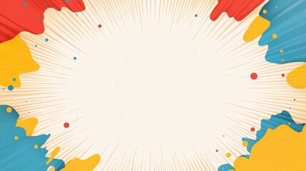 Poster - Vibrant sunburst background with colorful paint splattering dynamically, radiating artistic energy and complemented by small scattered circles