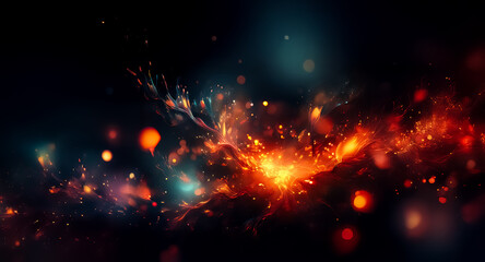 Leinwandbilder - Abstract fiery bursts of orange and blue light illuminate a dark, expansive backdrop, creating a celestial, space-like atmosphere.