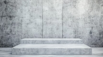 Poster - Minimalist concrete staircase rising against textured wall, showcasing sleek architectural lines and spatial simplicity with two clean, geometric steps