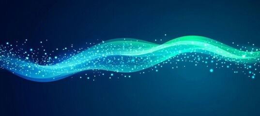 Poster - Abstract blue background with flowing turquoise and green light energy wave, digital illustration.