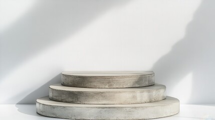 Poster - Minimalist concrete podiums ascending in size cast dramatic shadows on pristine white background, presenting sleek geometric product display platform with contemporary architectural design
