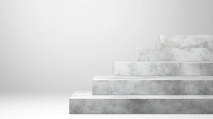 Fototapete - Minimalist concrete staircase rising four steps, presenting clean architectural lines and geometric simplicity against stark white background