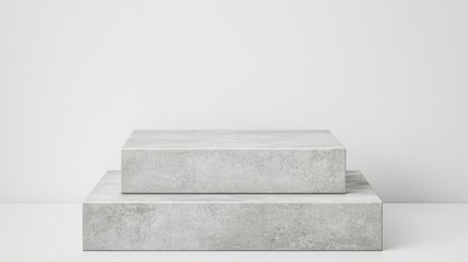 Poster - Minimalist concrete blocks of varying heights positioned on white floor, creating clean, contemporary product display platform against neutral background