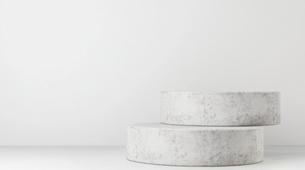 Poster - Two empty round concrete podiums creating a modern minimalist display space against a clean white backdrop, perfect for showcasing products or designs