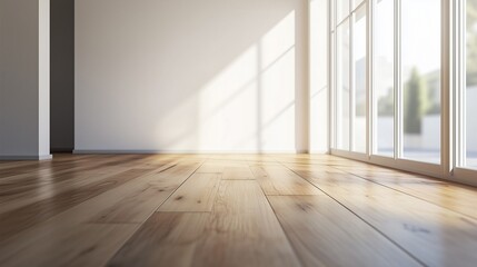 Fototapete - Empty room with sunlight coming in from 3d render. Empty wooden room with a wooden floor. A large white wall with a large floor. Vacant space illuminated by sunlight in a 3d lifestyle rendering.