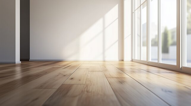 Empty room with sunlight coming in from 3d render. Empty wooden room with a wooden floor. A large white wall with a large floor. Vacant space illuminated by sunlight in a 3d lifestyle rendering.