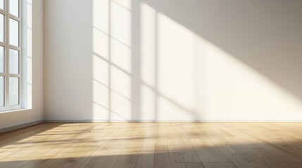 Fototapete - Empty room with sunlight coming in from 3d render. Empty wooden room with a wooden floor. A large white wall with a large floor. Vacant space illuminated by sunlight in a lifestyle 3d rendering.