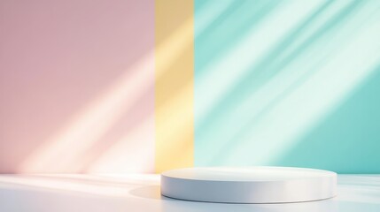 Poster - Pale geometric stage rising amid soft pastel gradient, casting dramatic light rays for elegant product presentation