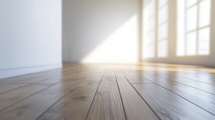 Fototapete - Empty room with sunlight coming in from 3d render. Empty wooden room with a wooden floor. A large white wall with a large floor. Vacant space illuminated by sunlight in lifestyle a 3d rendering.