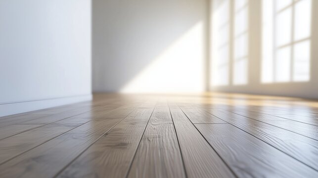 Empty room with sunlight coming in from 3d render. Empty wooden room with a wooden floor. A large white wall with a large floor. Vacant space illuminated by sunlight in lifestyle a 3d rendering.