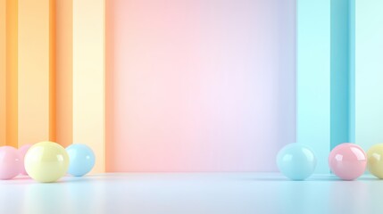 Poster - Pastel spheres resting on glossy surface with vertical striped backdrop in vivid pink, orange, yellow, blue, generating playful, cheerful visual composition
