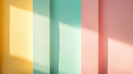 Poster - Sunlight casting intricate shadows on a vibrant wall creates a minimalist abstract background filled with soft pastel hues of yellow, green, and pink, enhancing modern interior design