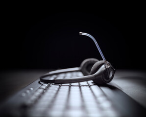 Headset headphones telephone with microphone on computer keyboard in support and customer service help desk call center dark background