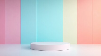 Poster - Minimalist white circular stand displaying against soft hued backdrop, highlighting product placement for marketing and e commerce visuals