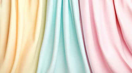 Poster - Pastel fabric panels cascading softly, displaying gentle gradient hues of pink, blue, yellow with delicate vertical draping, suggesting peaceful textile design